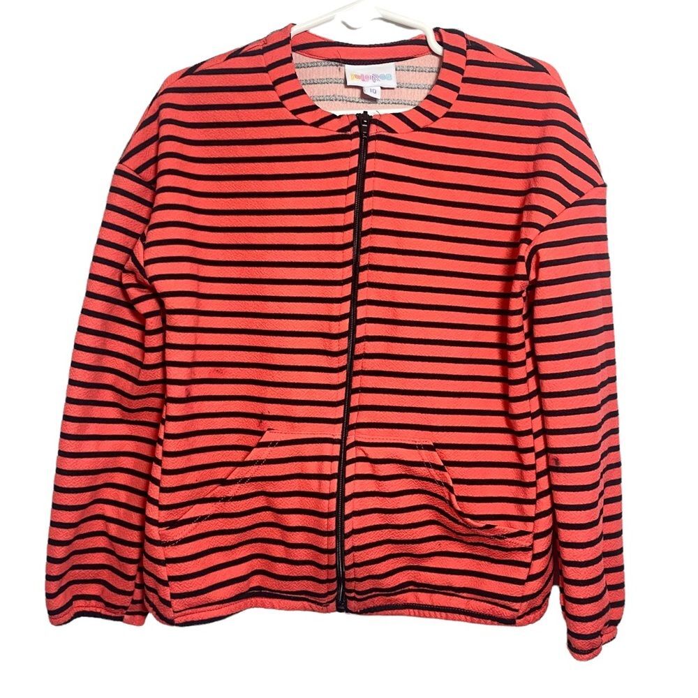 Lularoe Girls Jacket Sz 10 Monroe Coral Striped Long Sleeve Full Zip Pockets